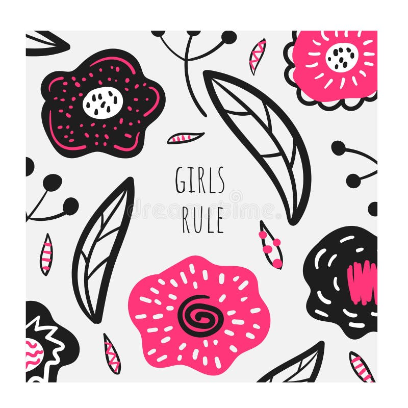 Carte de règle de filles, copie, fond avec les fleurs noires et roses illustration stock Carte de règle de filles, copie, fond avec les fleurs noires et roses illustration stock