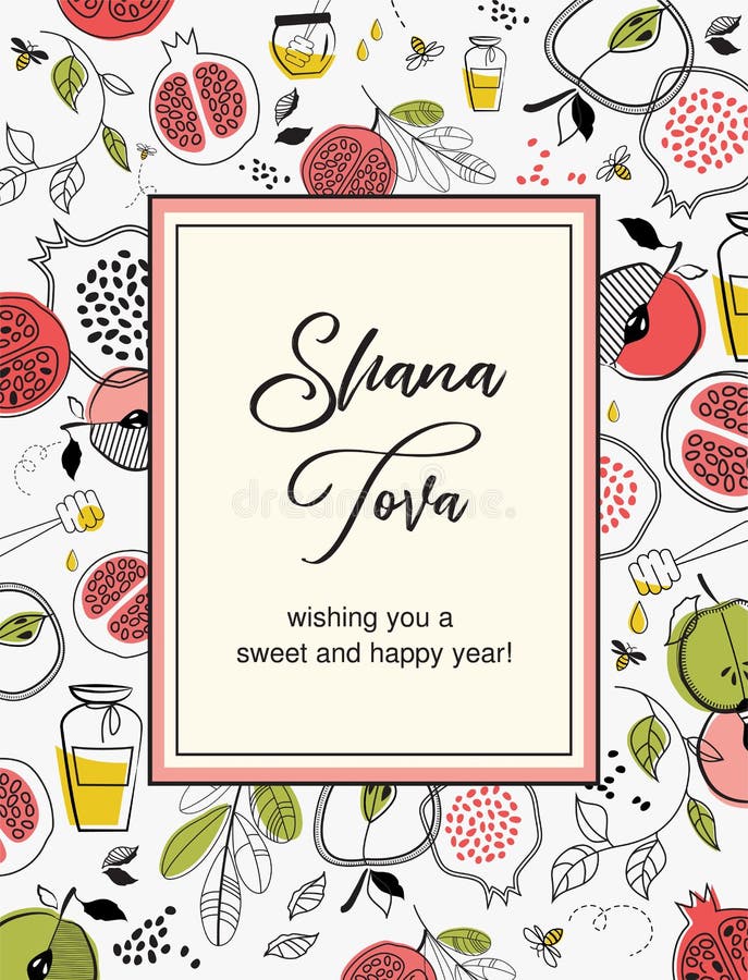 CARTE de SHANA TOVA, carte de voeux de Rosh HaShanah, nouvelle année juive Carte avec le modèle des symboles pour Rosh Hashana ed illustration libre de droits CARTE de SHANA TOVA, carte de voeux de Rosh HaShanah, nouvelle année juive Carte avec le modèle des symboles pour Rosh Hashana ed illustration libre de droits