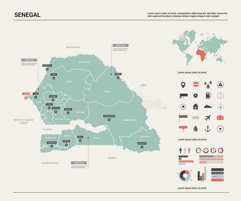 Carte de vecteur du Sénégal l carte, carte du monde, éléments infographic illustration stock Carte de vecteur du Sénégal l carte, carte du monde, éléments infographic illustration stock