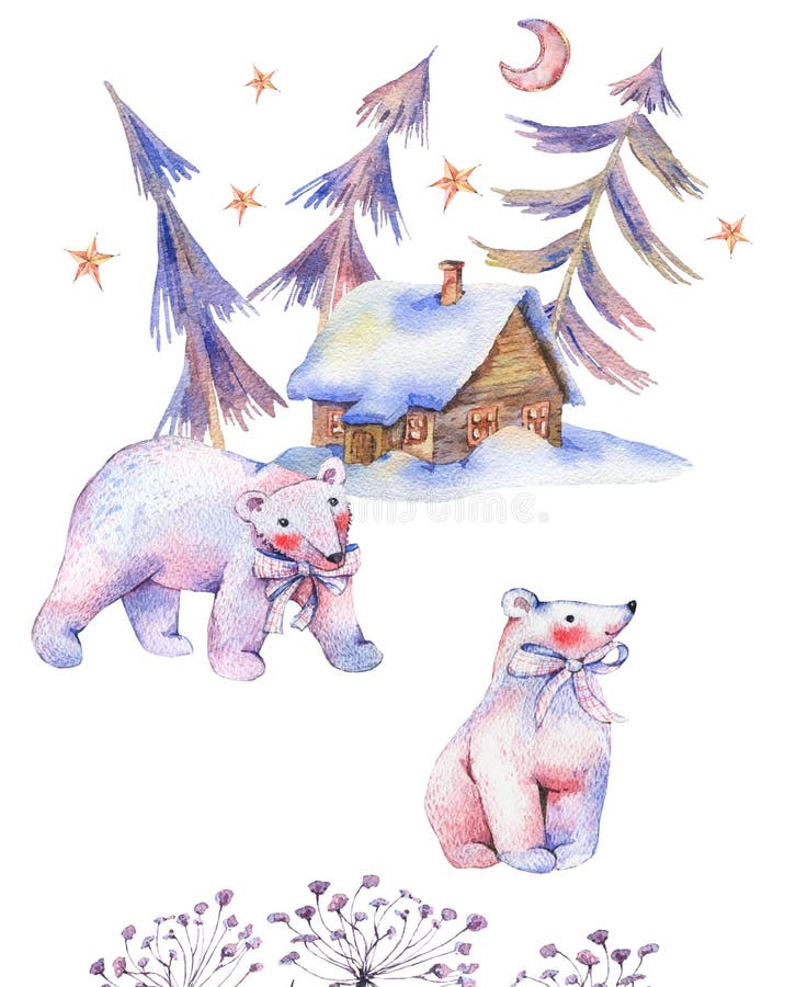 Carte de vintage d'aquarelle d'hiver avec les ours blancs, forêt magique illustration libre de droits