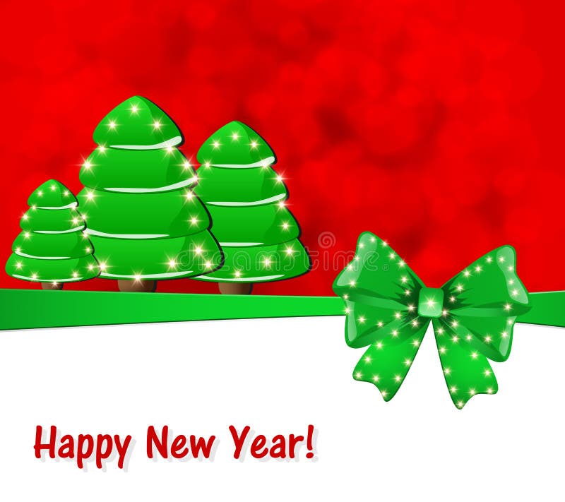 Carte de voeux avec l'arc et arbres de Noël sur un fond rouge illustration libre de droits Carte de voeux avec l'arc et arbres de Noël sur un fond rouge illustration libre de droits