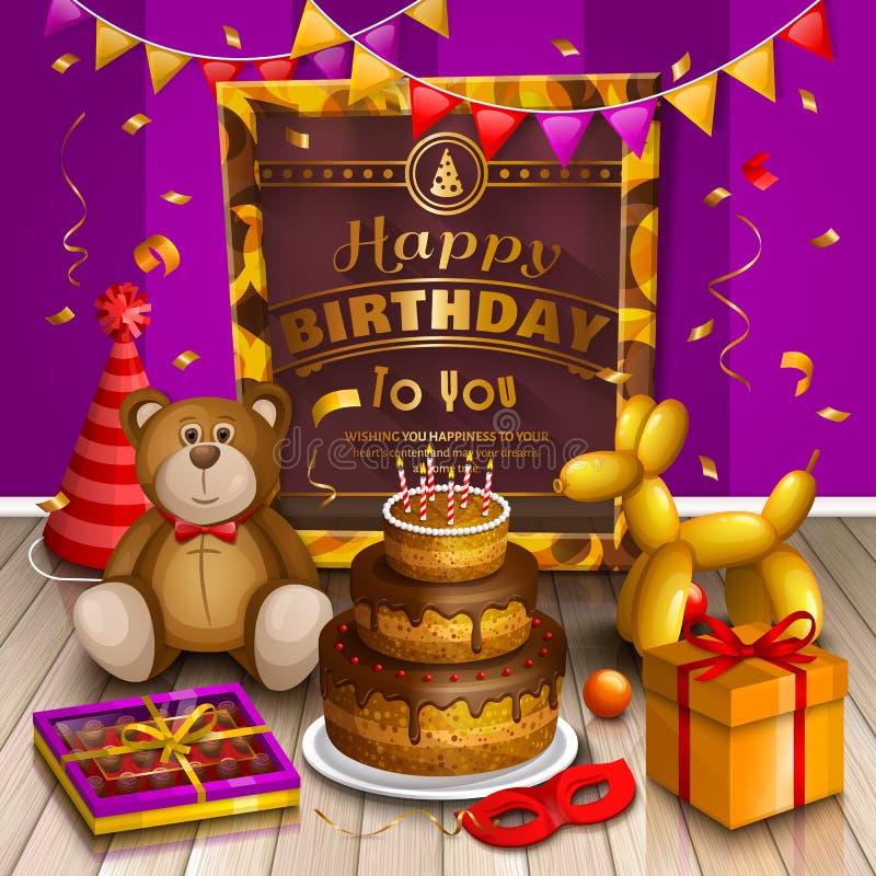 Carte de voeux de joyeux anniversaire Un bon nombre de présents et de jouets Faites la fête les chapeaux, ours de nounours, gâtea illustration libre de droits Carte de voeux de joyeux anniversaire Un bon nombre de présents et de jouets Faites la fête les chapeaux, ours de nounours, gâtea illustration libre de droits
