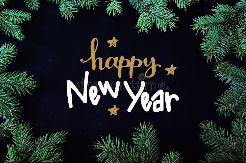 Carte de voeux de Noël et de nouvelle année avec le cadre de brunchs d'arbre et le Dr. impeccables de main images stock Carte de voeux de Noël et de nouvelle année avec le cadre de brunchs d'arbre et le Dr. impeccables de main images stock