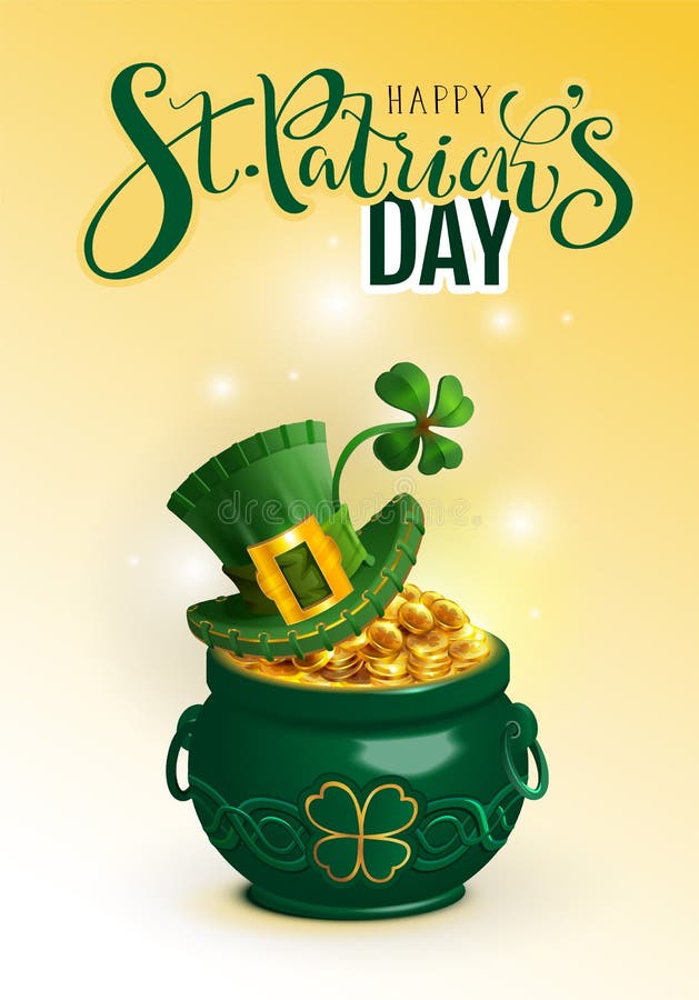 Carte de voeux heureuse des textes de jour de St Patricks Chapeau vert, pleine pièce d'or de pot et trèfle de feuille de chance