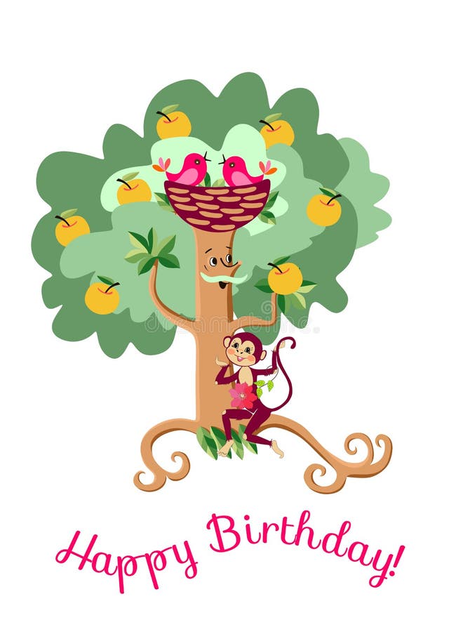 Carte De Voeux De Joyeux Anniversaire Avec Le Pommier Mignon De Bande Dessinee Et Le Singe Drole Illustration De Vecteur Illustration Du Enfants Carte