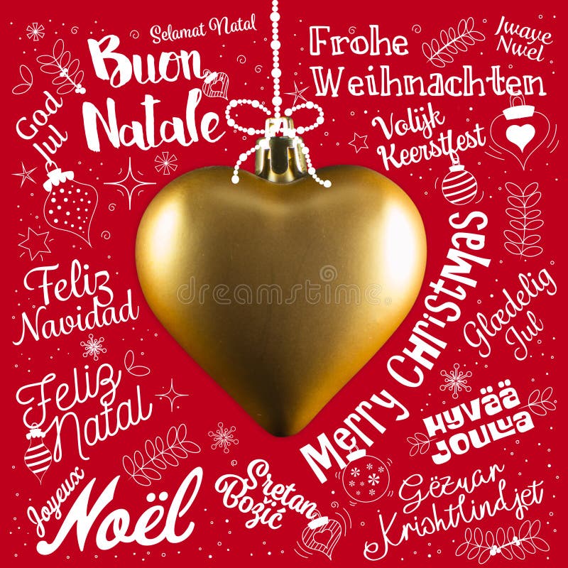 Merry Christmas greetings card from world in different languages with golden heart, calligraphic text and font handwritten lettering. Merry Christmas greetings card from world in different languages with golden heart, calligraphic text and font handwritten lettering