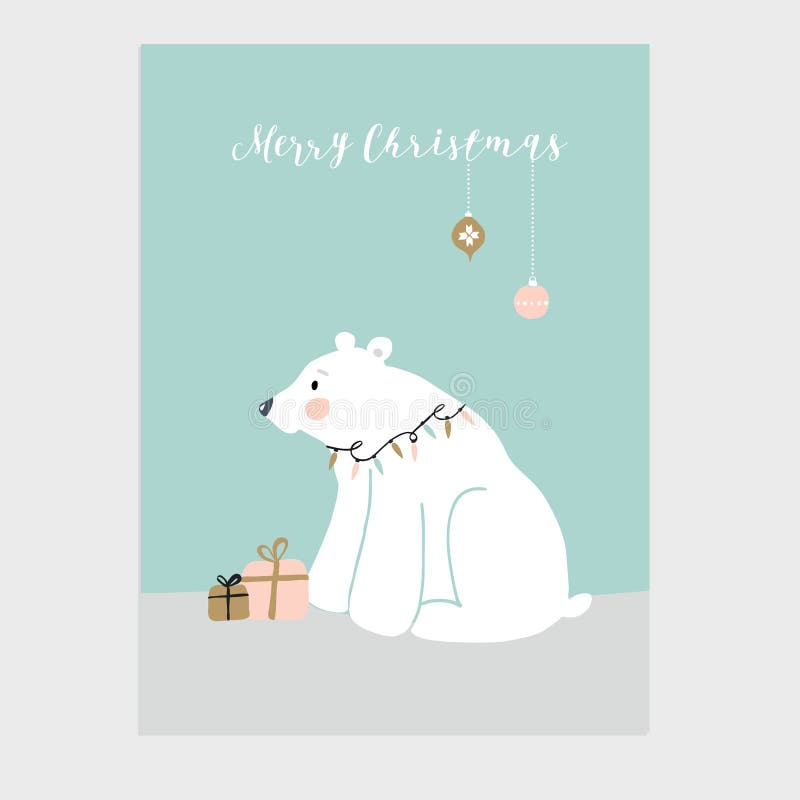 Carte de voeux mignonne de Joyeux Noël, invitation avec peu d'ours blanc, boîte-cadeau et ornements accrochants de Chrsitmas illustration de vecteur Carte de voeux mignonne de Joyeux Noël, invitation avec peu d'ours blanc, boîte-cadeau et ornements accrochants de Chrsitmas illustration de vecteur