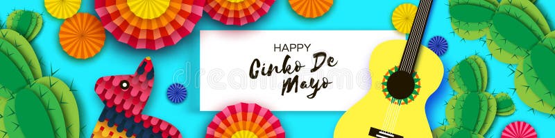 Carte de întâmpinare fericită cinco de mayo. cactus de chitară pentru fani din hârtie în stil tăiat hârtie. origami sombrero. carn royalty free illustration