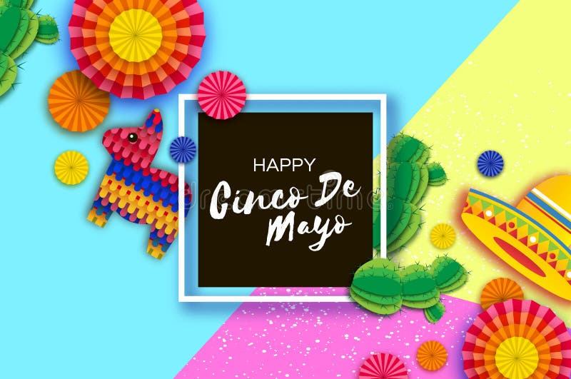 Carte de întâmpinare fericită cinco de mayo. Fan colorat al hârtiei: pinata și cactus în stil tăiat hârtie. origami sombrero royalty free illustration