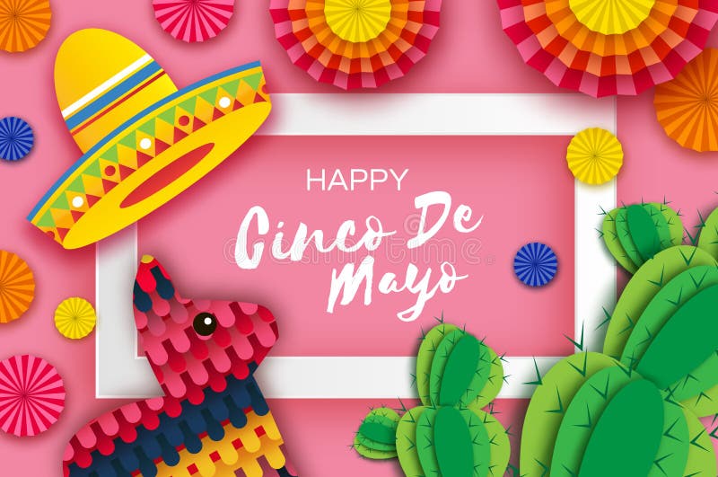 Carte de întâmpinare fericită cinco de mayo. Fan colorat al hârtiei: pinata și cactus în stil tăiat hârtie. origami sombrero vector illustration