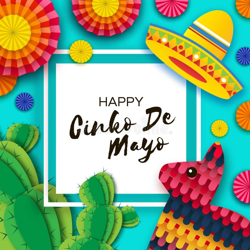Carte de întâmpinare fericită cinco de mayo. Fan colorat al hârtiei: pinata și cactus în stil tăiat hârtie. origami sombrero royalty free illustration
