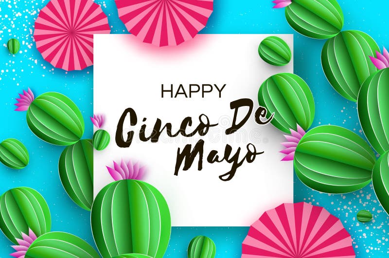 Carte de întâmpinare fericită cinco de mayo. fan de hârtie roz și cactus în hârtie tăiată. carnaval Mexic. cadru pătrat pe cer stock illustration