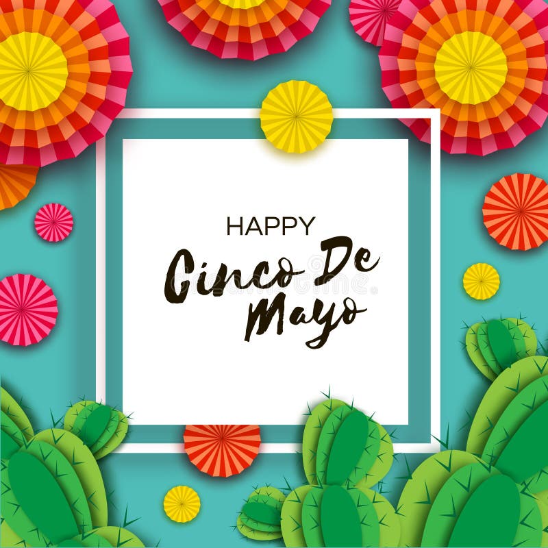 Carte de întâmpinare fericită cinco de mayo. filtru colorat din hârtie portocalie și cactus în hârtie tăiată. carnaval Mexic. pătr stock illustration
