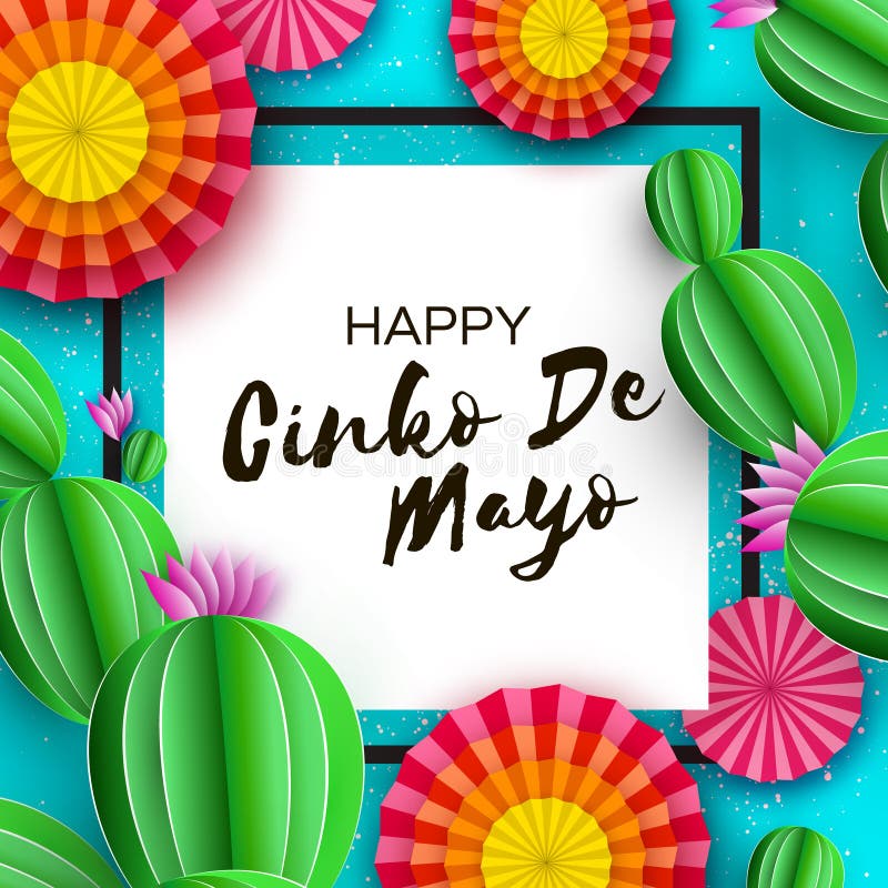 Carte de întâmpinare fericită cinco de mayo. filtru de hârtie colorată și cactus în hârtie tăiată. carnaval Mexic. cadru pătrat pe vector illustration