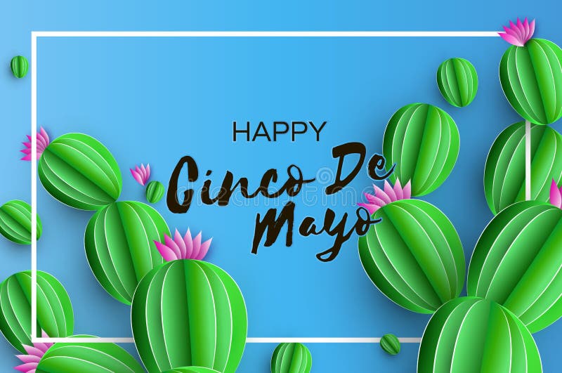 Carte de întâmpinare fericită cinco de mayo. floare de hârtie roz și cactus în stil tăiat hârtie. carnaval Mexic. cadru dreptunghi royalty free illustration