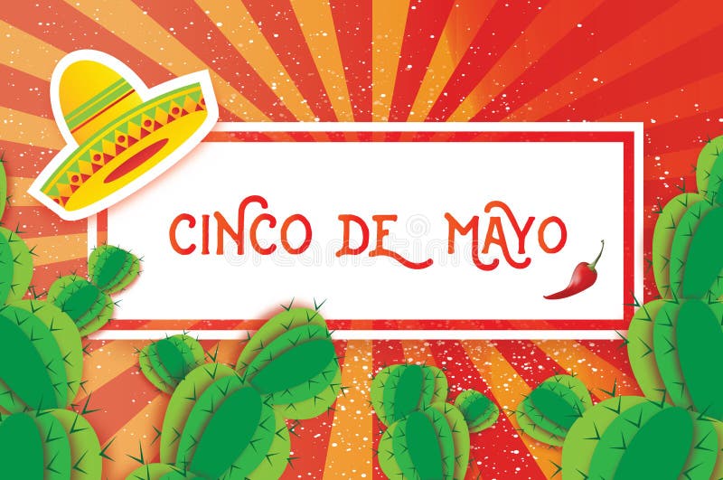 Carte de întâmpinare fericită cinco de mayo. origami mexican sombrero hat succules și ardei roșu. cadru dreptunghi stock illustration