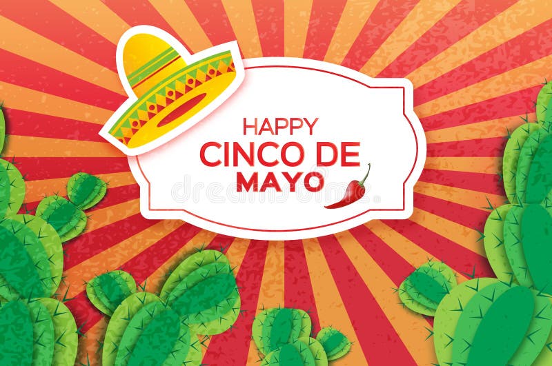 Carte de întâmpinare fericită cinco de mayo. origami mexican sombrero hat succules și ardei roșu. cadru dreptunghi stock illustration