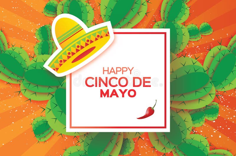 Carte de întâmpinare fericită cinco de mayo. origami mexican sombrero hat succules și ardei roșu. cadru pătrat royalty free illustration