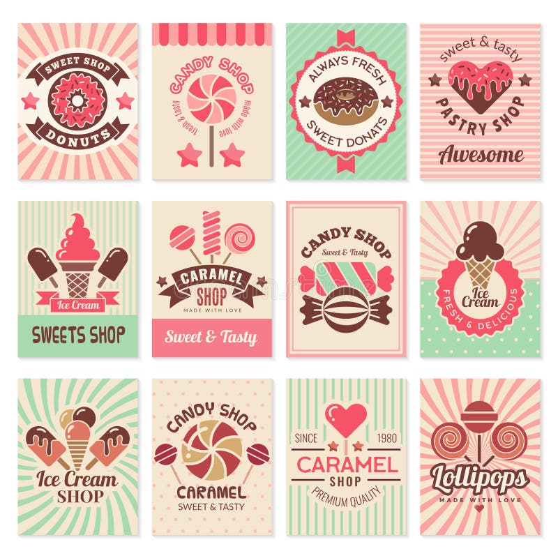 Carte del negozio di Candy Simboli dolci della confetteria dei dessert dell'alimento per la raccolta dell'aletta di filatoio di v illustrazione vettoriale Carte del negozio di Candy Simboli dolci della confetteria dei dessert dell'alimento per la raccolta dell'aletta di filatoio di v illustrazione vettoriale