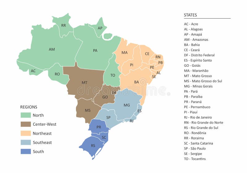 Map of Brazil with divisions of states and regions. Map of Brazil with divisions of states and regions