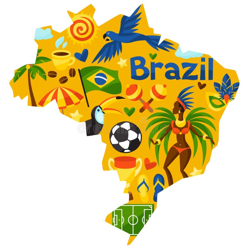 Brazil map with stylized objects and cultural symbols. Brazil map with stylized objects and cultural symbols.