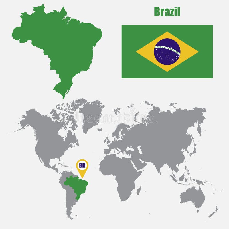 Brazil map on a world map with flag and map pointer. Vector illustration. Brazil map on a world map with flag and map pointer. Vector illustration