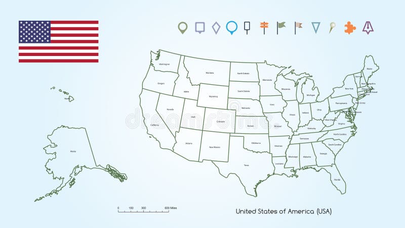 Carte du contour des Etats-Unis d'Amérique pour le chaque pays avec le drapeau des Etats-Unis et la collection de repère illustration de vecteur Carte du contour des Etats-Unis d'Amérique pour le chaque pays avec le drapeau des Etats-Unis et la collection de repère illustration de vecteur