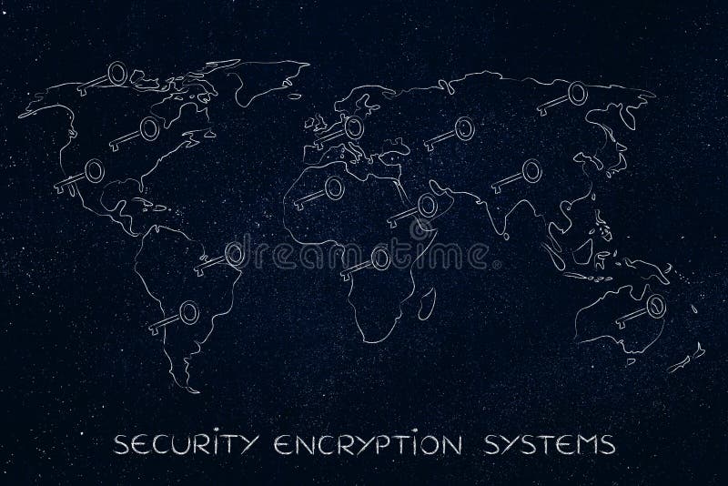 Carte du monde avec des clés, le concept du chiffrage et la cryptographie illustration libre de droits Carte du monde avec des clés, le concept du chiffrage et la cryptographie illustration libre de droits