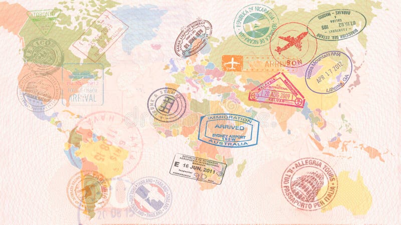 Carte du monde avec des visas, timbres, joints concept de course