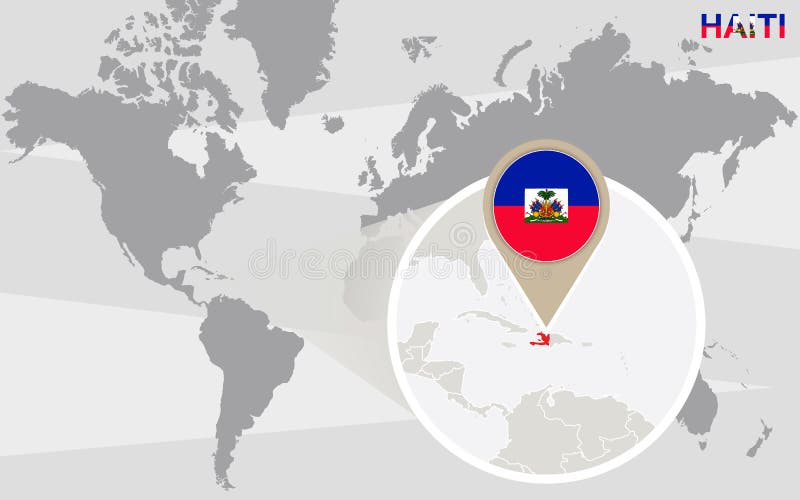 World map with magnified Haiti. Haiti flag and map. World map with magnified Haiti. Haiti flag and map