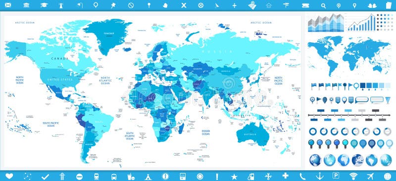 Carte du monde en couleurs des éléments bleus et infographic illustration stock Carte du monde en couleurs des éléments bleus et infographic illustration stock