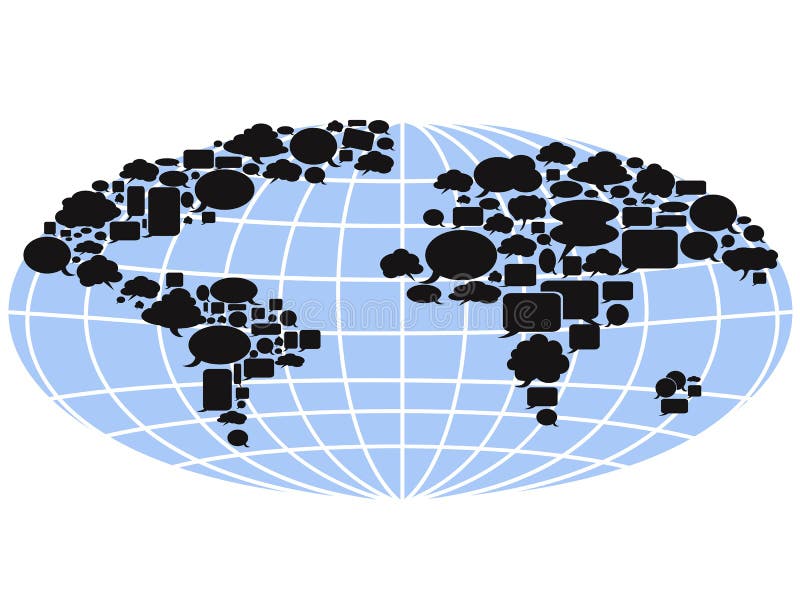 The commuincation background of world map filled with speech bubbles on white. The commuincation background of world map filled with speech bubbles on white