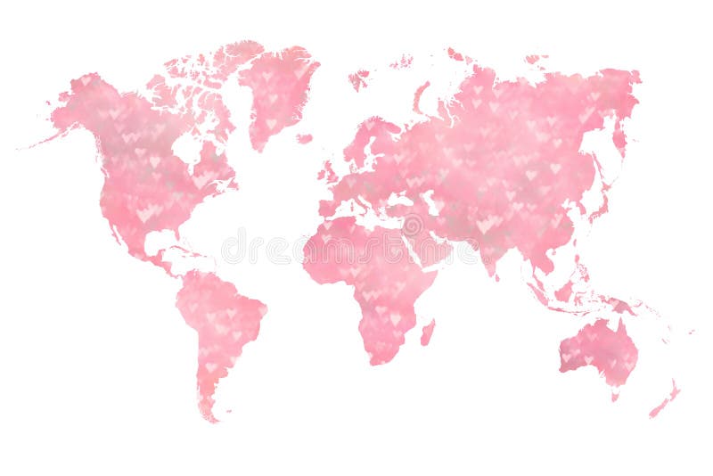 World map filled with a photograph of blurred pink hearts. World map filled with a photograph of blurred pink hearts