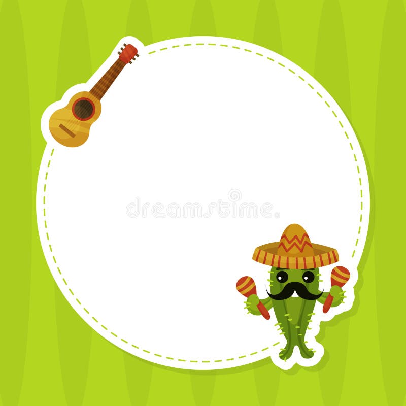Carte goală cu caracter cactus amuzant în pălărie sombrero cu șablon vector chitară stock illustration