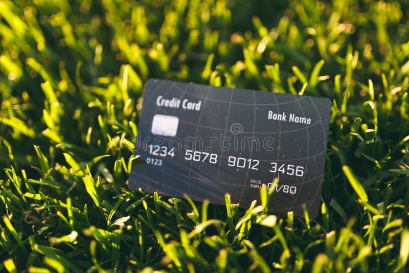 Carte haute étroite de noir de banque de crédit sur l'herbe fraîche verte de golf de ressort vibrant, pelouse de soleil Texture d images stock Carte haute étroite de noir de banque de crédit sur l'herbe fraîche verte de golf de ressort vibrant, pelouse de soleil Texture d images stock