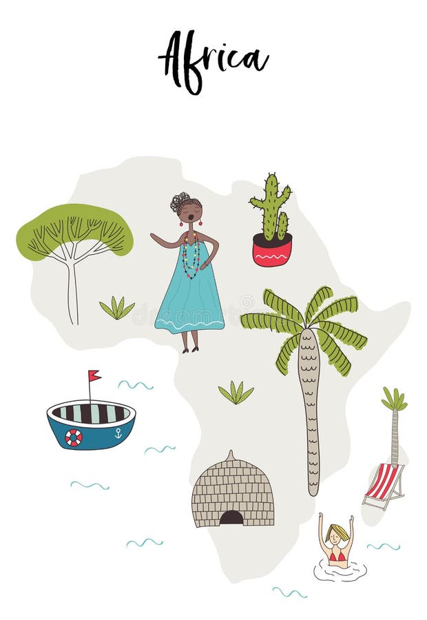 Carte illustrée de l'Afrique avec les caractères tirés par la main d'amusement, les usines locales et les éléments Illustration d illustration stock Carte illustrée de l'Afrique avec les caractères tirés par la main d'amusement, les usines locales et les éléments Illustration d illustration stock