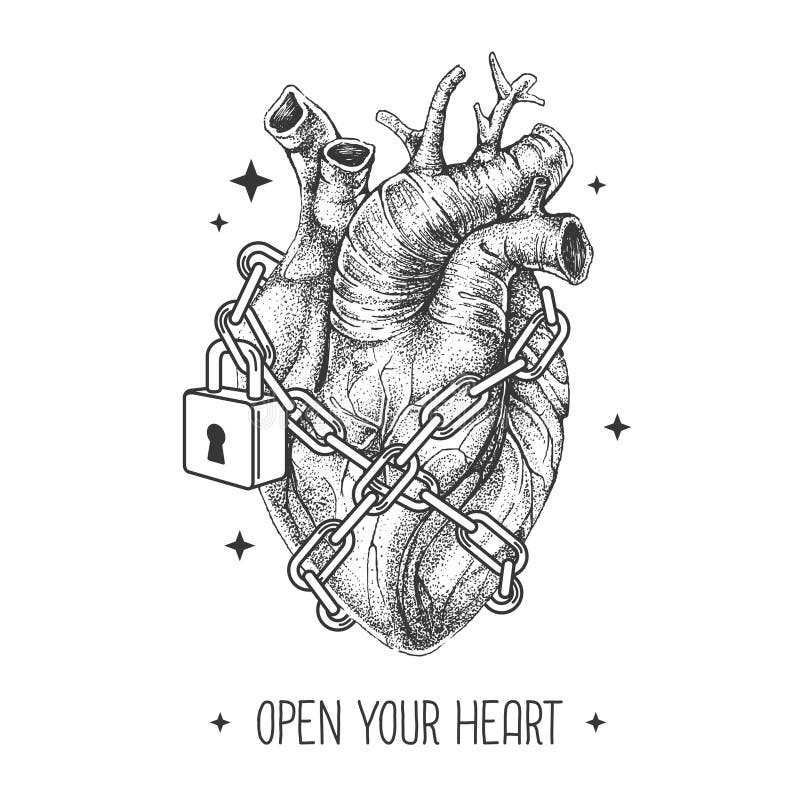 Modern magic witchcraft card with realistic human heart chained with a padlock. Vetor illustration. Modern magic witchcraft card with realistic human heart chained with a padlock. Vetor illustration