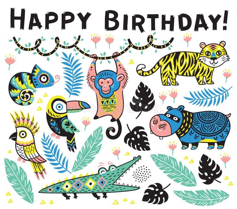 Carte De Joyeux Anniversaire Avec Des Animaux De Jungle Illustration de  Vecteur - Illustration du serpent, singe: 50575877