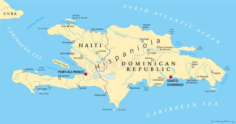 Hispaniola Political Map with Haiti and Dominican Republic, located in the Caribbean island group, the Greater Antilles. With capitals, national borders, important cities, rivers and lakes. English labeling and scaling. Illustration. Hispaniola Political Map with Haiti and Dominican Republic, located in the Caribbean island group, the Greater Antilles. With capitals, national borders, important cities, rivers and lakes. English labeling and scaling. Illustration.