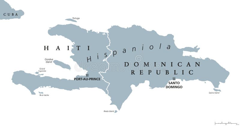 Hispaniola political map, also San Domingo. Haiti and Dominican Republic with capitals Port-au-Prince and Santo Domingo, in the Caribbean island group. Gray illustration with English labeling. Vector. Hispaniola political map, also San Domingo. Haiti and Dominican Republic with capitals Port-au-Prince and Santo Domingo, in the Caribbean island group. Gray illustration with English labeling. Vector.