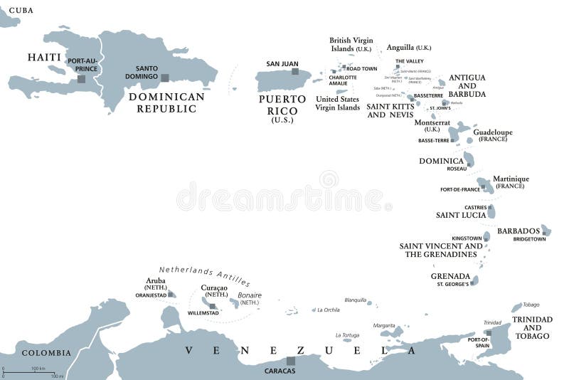 Lesser Antilles political map. Caribbees with Haiti, Dominican Republic and Puerto Rico in the Caribbean Sea. Gray illustration with English labeling on white background. Vector. Lesser Antilles political map. Caribbees with Haiti, Dominican Republic and Puerto Rico in the Caribbean Sea. Gray illustration with English labeling on white background. Vector.