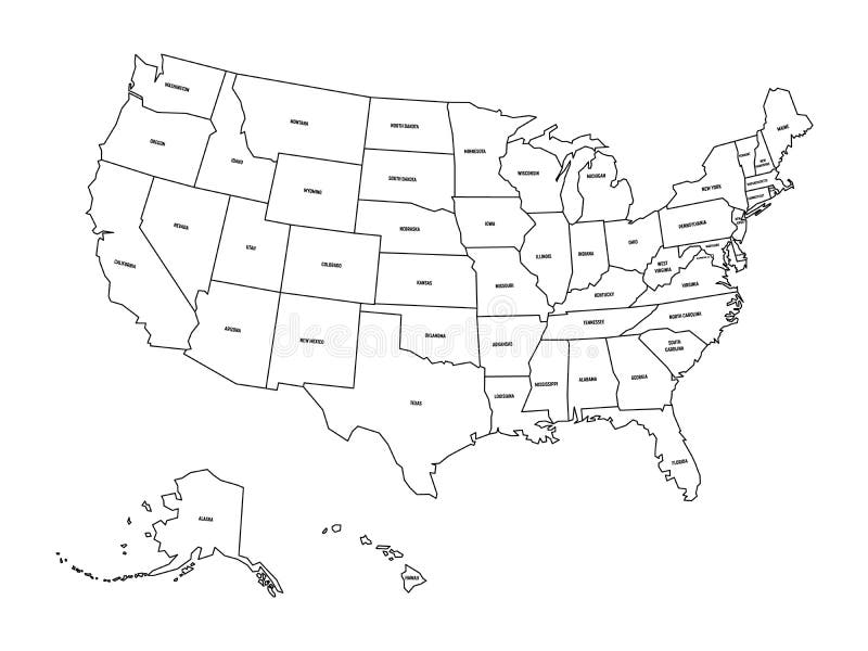 Political map of United States od America, USA. Simple flat black outline vector map with black state name labels on white background. Political map of United States od America, USA. Simple flat black outline vector map with black state name labels on white background.