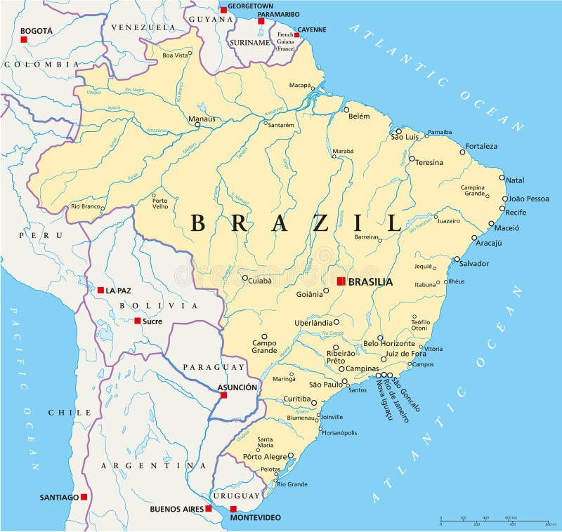 Brazil political map with capital Brasilia, national borders, most important cities, rivers and lakes. Illustration with English labeling and scale. Vector. Brazil political map with capital Brasilia, national borders, most important cities, rivers and lakes. Illustration with English labeling and scale. Vector.