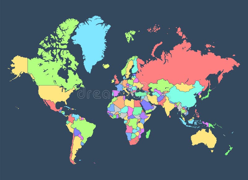Carte politique du monde avec des pays séparés par des couleurs sur un fond foncé illustration de vecteur Carte politique du monde avec des pays séparés par des couleurs sur un fond foncé illustration de vecteur