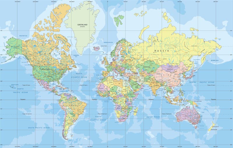 Carte politique du monde en projection de Mercator illustration de vecteur