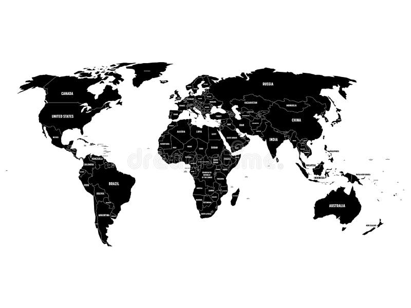 Carte politique noire du monde avec des frontières de pays et des labels blancs de nom d'état Illustration simplifiée tirée par l