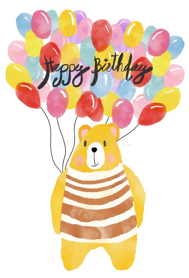 Carte pour aquarelle de joyeux anniversaire, nounours tenant les ballons colorés illustration libre de droits Carte pour aquarelle de joyeux anniversaire, nounours tenant les ballons colorés illustration libre de droits