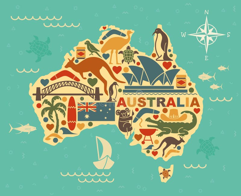 Carte stylisée d'Australie avec les symboles de la culture et de la nature australiennes