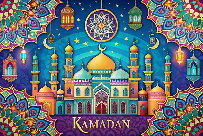 Cartea de Întâmpinare Ramadan Kareem cu Clădiri Islamice și Ornamente stock illustration