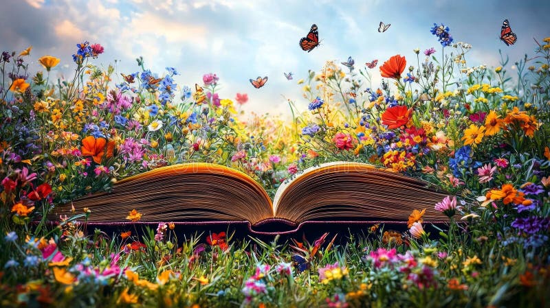 Cartea deschisă dezvăluie că paginile sale arată o grădină magică plină cu flori colorate și fluturi. ilustrații digitale invită stock photo